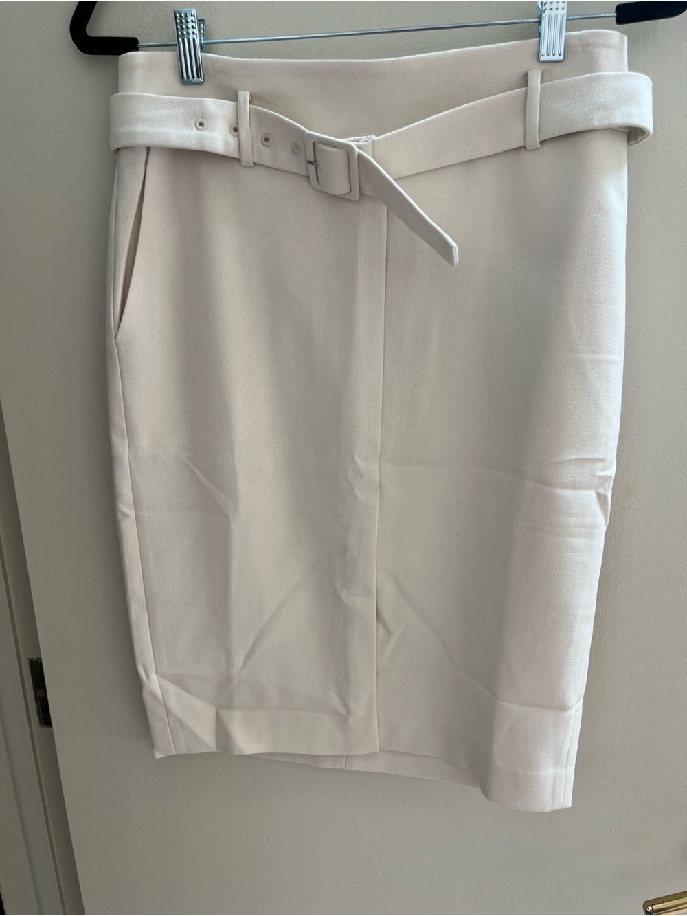Ann Taylor Cream Belted Pencil Skirt with Side Slits